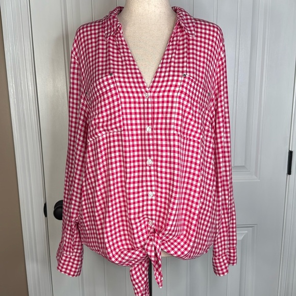Jones New York Pink and White Gingham Tie Front Button Up Shirt XXL - Picture 1 of 13